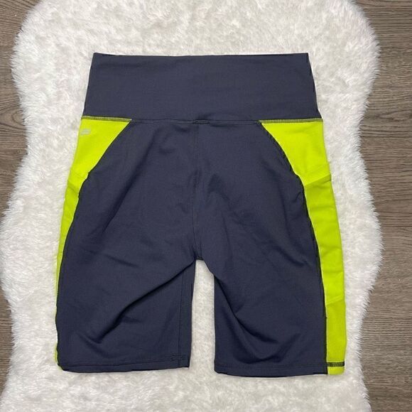 Fabletics Powerhold High Waisted Shorts Navy Blue Yellow Size Small - Picture 4 of 10